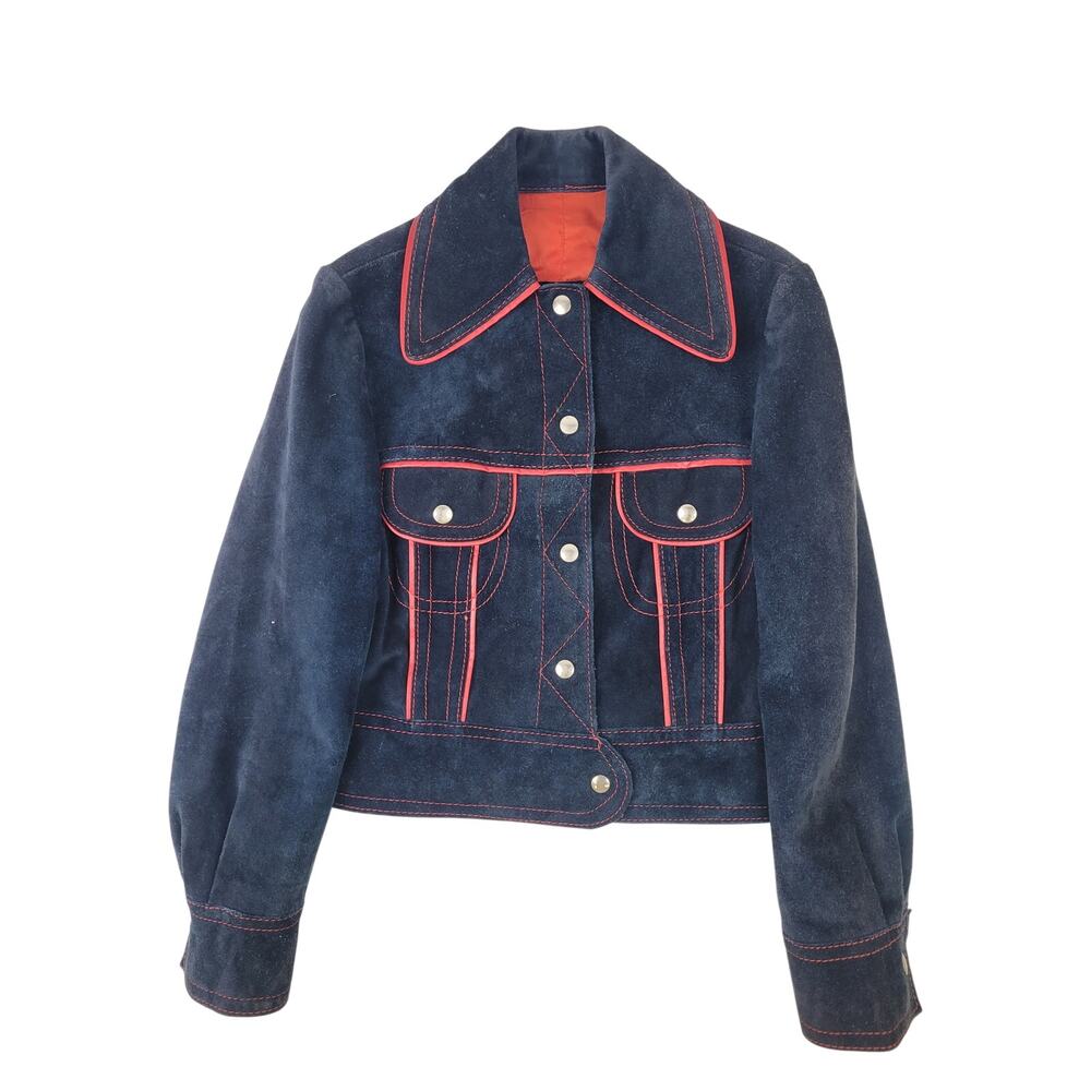 1970s Slim Fit Cropped Navy Blue Suede Jacket w Red Trim Women's Sz XS/S